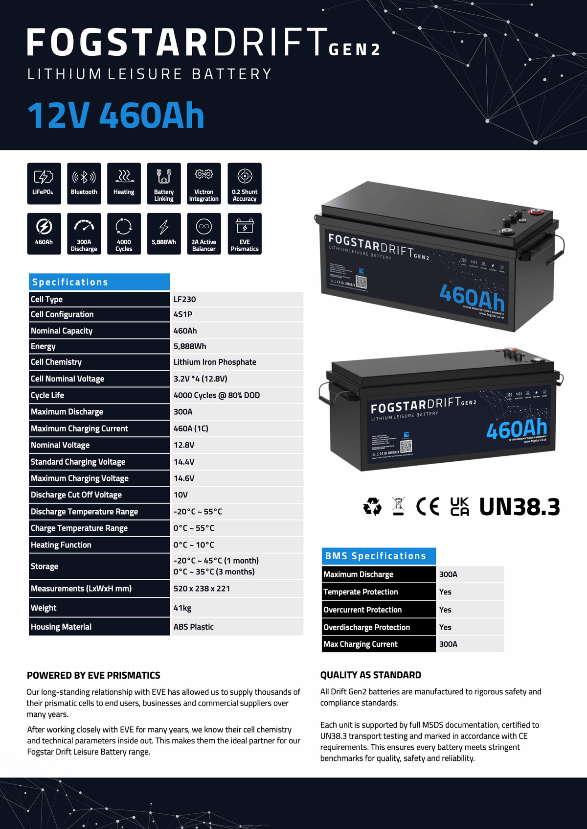 Fogstar Drift Gen2 12V 460Ah Heated Lithium LiFePO4 Leisure Battery With Bluetooth
