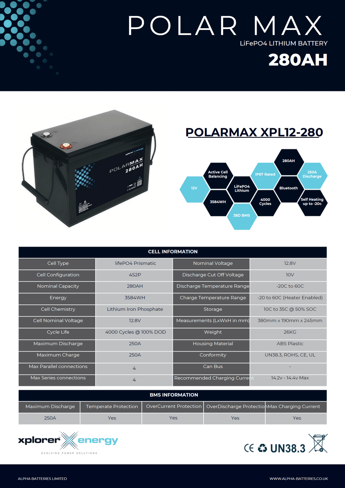 Xplorer Energy POLARMAX 12V 280Ah Heated LiFePO4 Lithium Leisure Battery