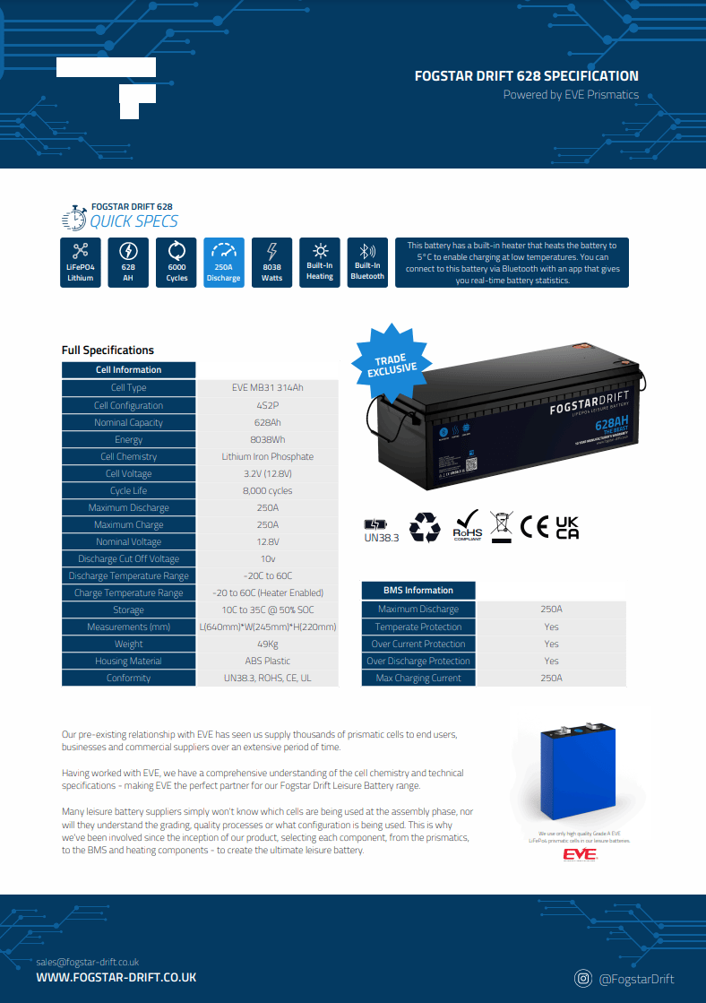 Fogstar Drift THE BEAST 12V 628Ah Heated Lithium LiFePO4 Leisure Battery With Bluetooth